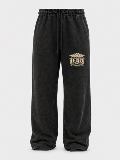 Black sweatpants with a logo on a white background